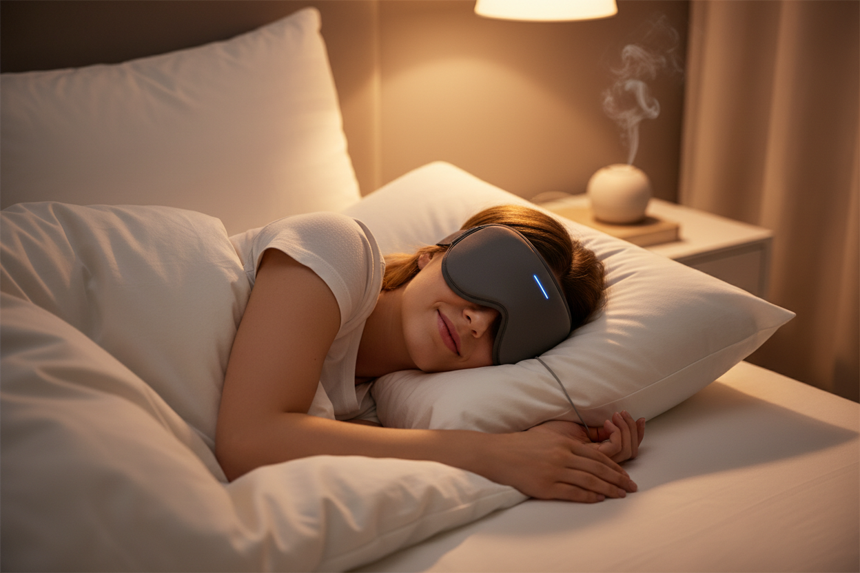 Person sleeping peacefully Sleep Headphones, 3D Sleep Mask Bluetooth Wireless Music Eye Mask, Sleeping Headphones for Side Sleepers Sleep Mask with Bluetooth Headphones Ultra-Thin Stereo Speakers Perfect for Sleeping